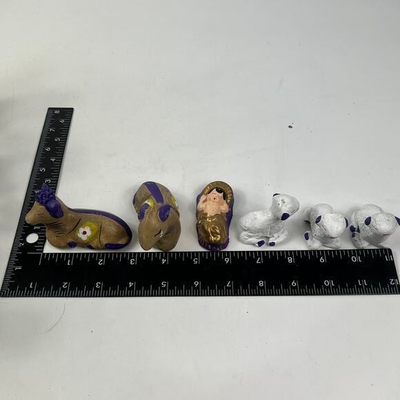 Mexican Large 13pc Handmade Clay Nativity Set Folk Art Purple Painted Peruvian - Picture 15 of 16